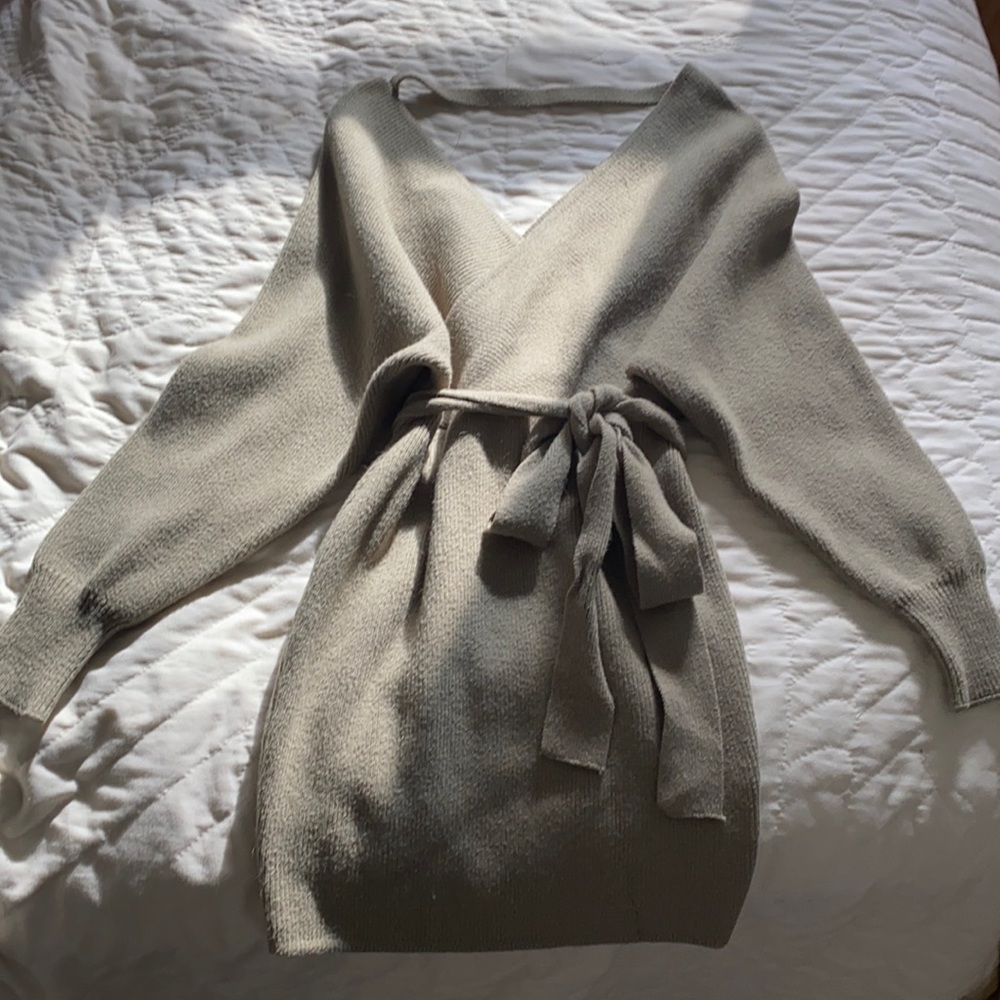 Long Sleeve Sweater Dress in Olive Green with Tie